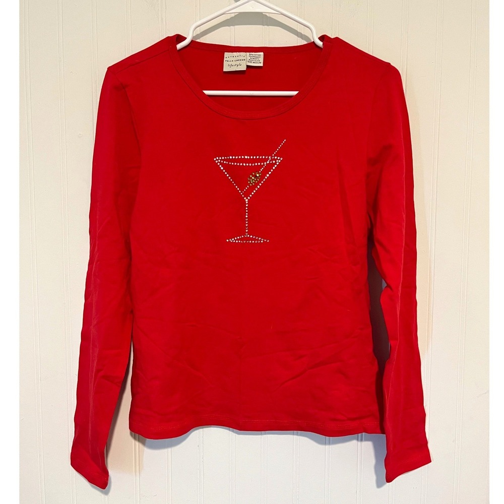 Falls Creek Top Women Medium Red Rhinestone Martini Glass Long Sleeve Holiday